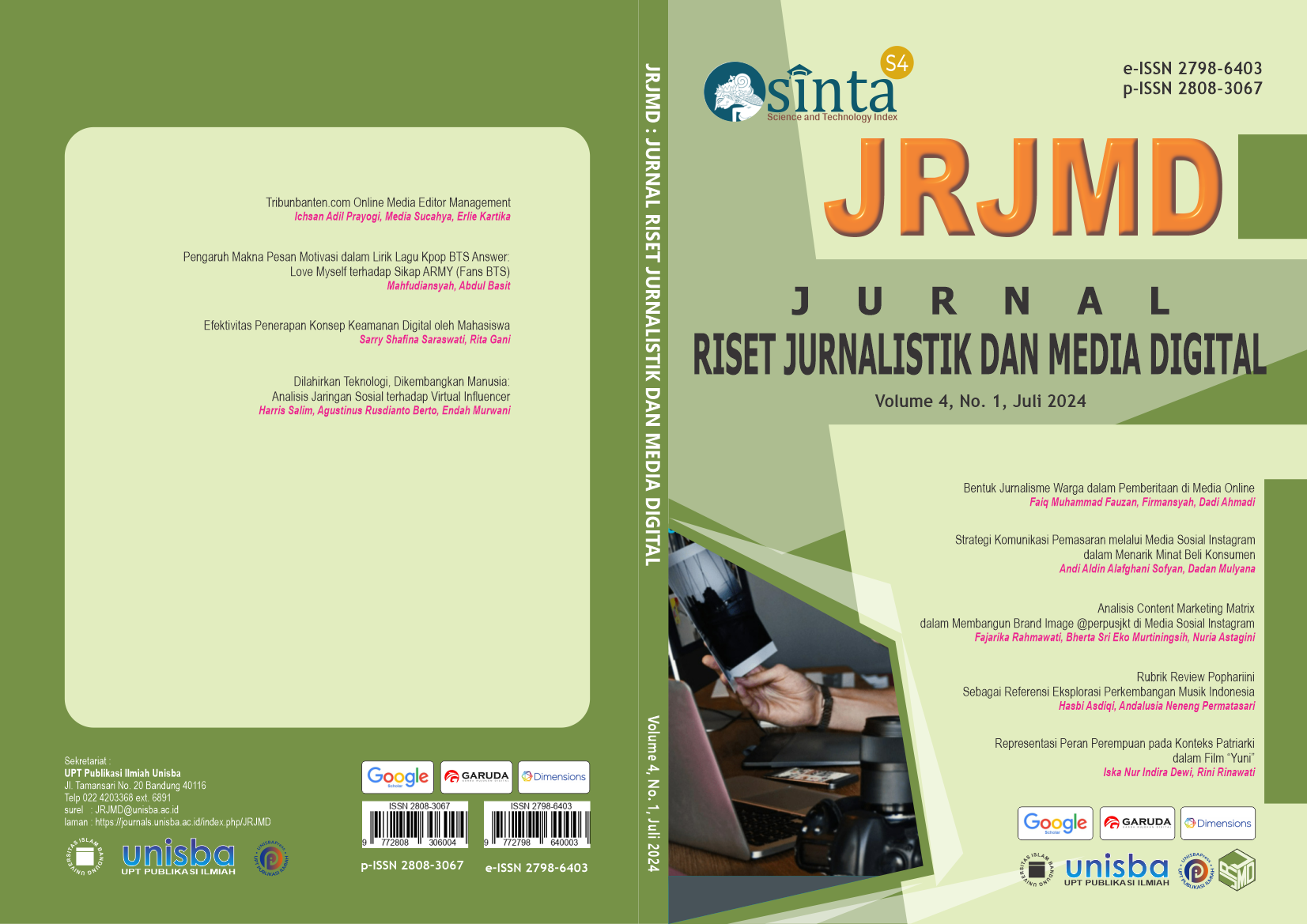 					View Volume 4, No. 1, Juli 2024 Jurnal Riset Jurnalistik dan Media Digital (JRJMD)
				